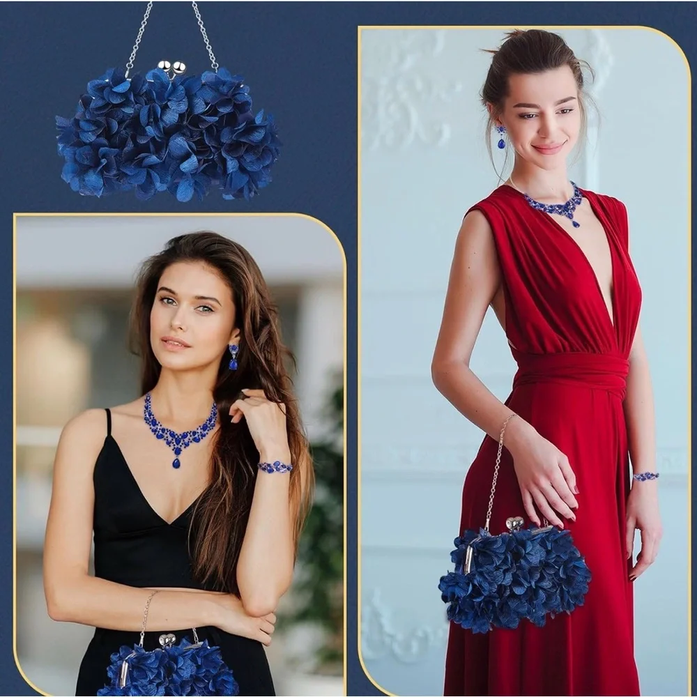 4 Pcs Flower Clutch Rhinestone Jewelry Set Clutch Necklace Earrings Bracelet